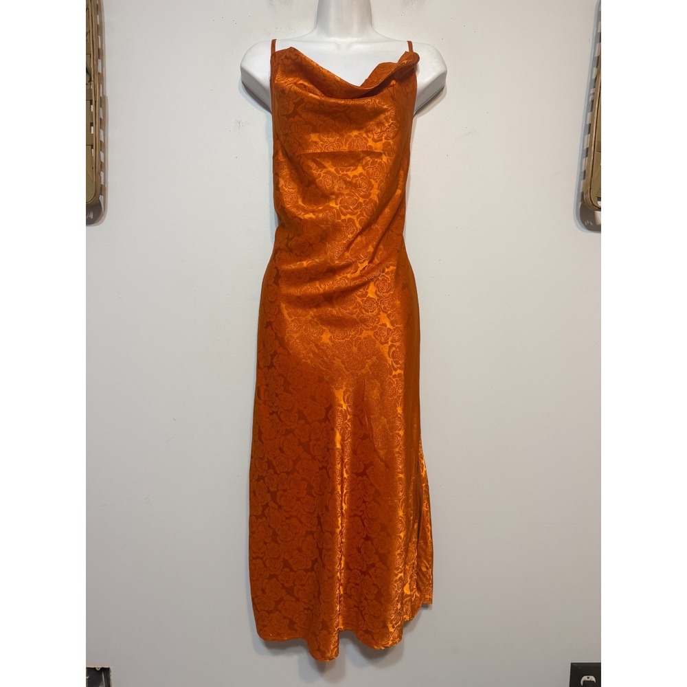 Lulus Orange Rose Jacquard Satin Slip Dress XL Cowl Neck Coquette Fairycore Midi - Picture 7 of 10